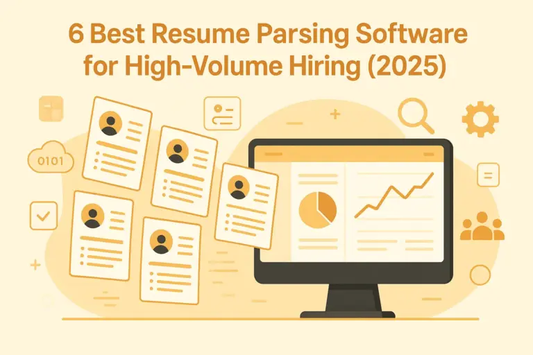 Illustration showing AI resume parsing software processing multiple resumes into a hiring analytics dashboard for high-volume recruitment.