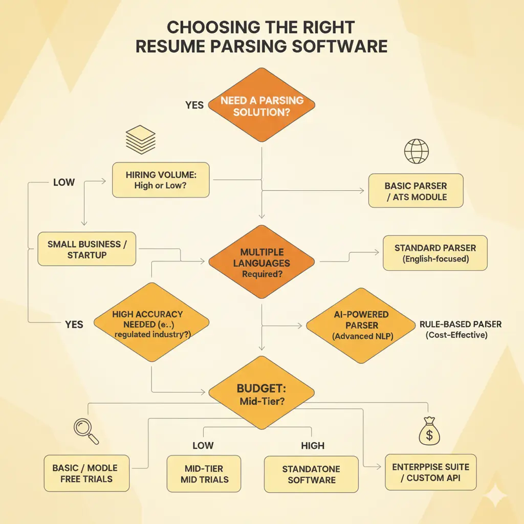 Flowchart showing how to choose the right resume parsing software based on hiring volume, language requirements, accuracy needs, and budget