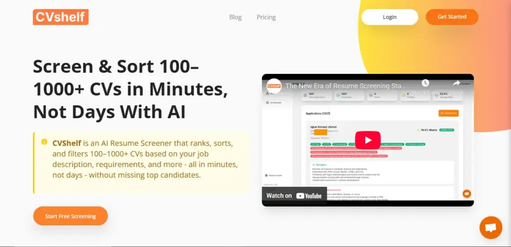 CVShelf AI resume screening software dashboard showing how recruiters can screen and sort 100 to 1000+ CVs in minutes.