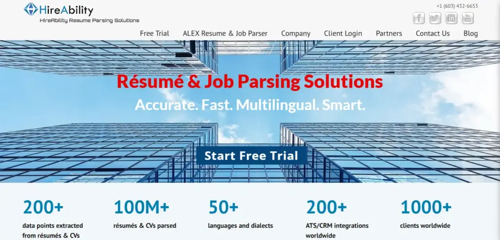 HireAbility resume parsing solutions hero banner featuring modern glass skyscrapers looking up at blue sky, with headline 'Résumé & Job Parsing Solutions - Accurate. Fast. Multilingual. Smart.' and statistics showing 200+ data points extracted, 100M+ résumés parsed, 50+ languages, 200+ ATS integrations, and 1000+ clients worldwide
