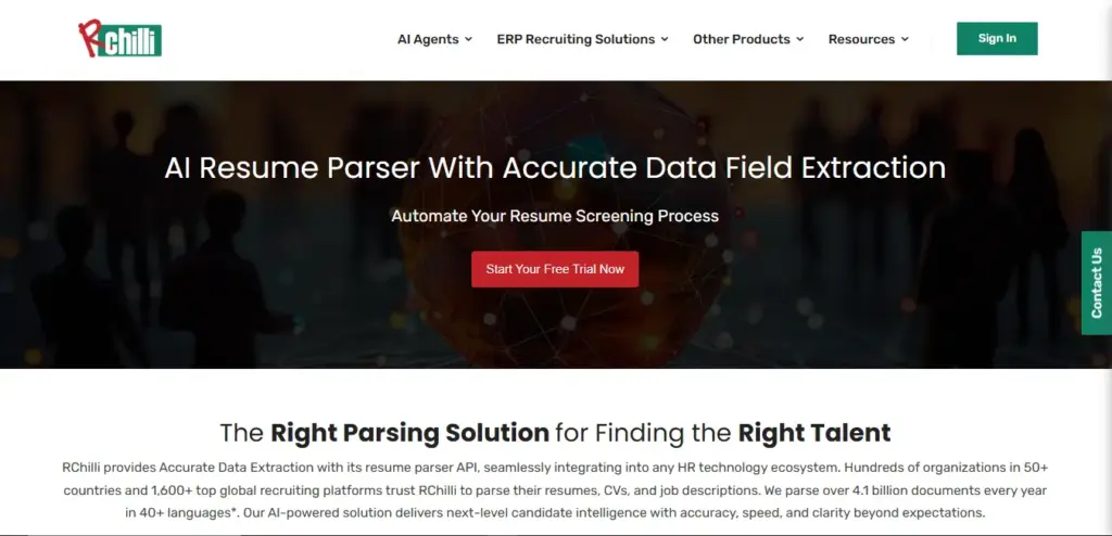 RChilli resume parser homepage showing AI-powered resume parsing and data field extraction for recruiters