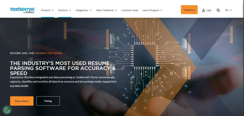Textkernel resume and job parsing software hero banner showing hands holding smartphone with digital circuit board overlay in orange and blue, headline reads 'The industry's most used resume parsing software for accuracy & speed