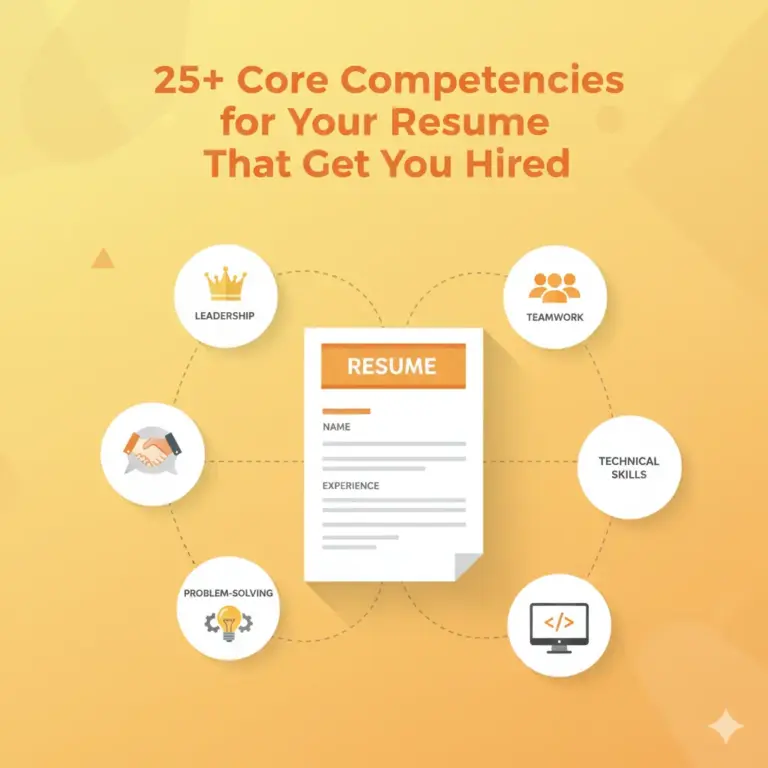 Illustration showing a resume surrounded by icons representing key core competencies such as communication, leadership, teamwork, and problem-solving.