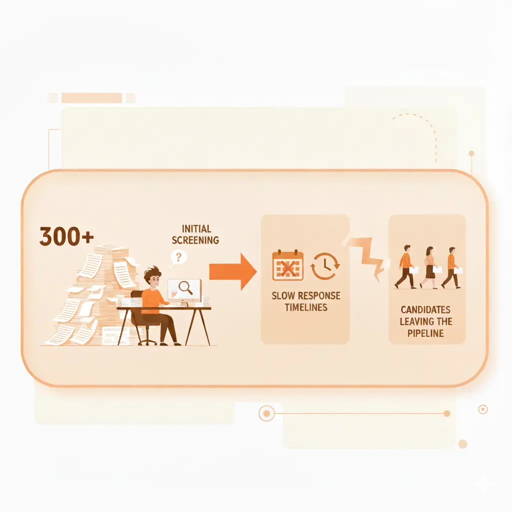 Infographic showing the traditional recruiting bottleneck with high resume volume, slow manual screening, and candidate drop-off.