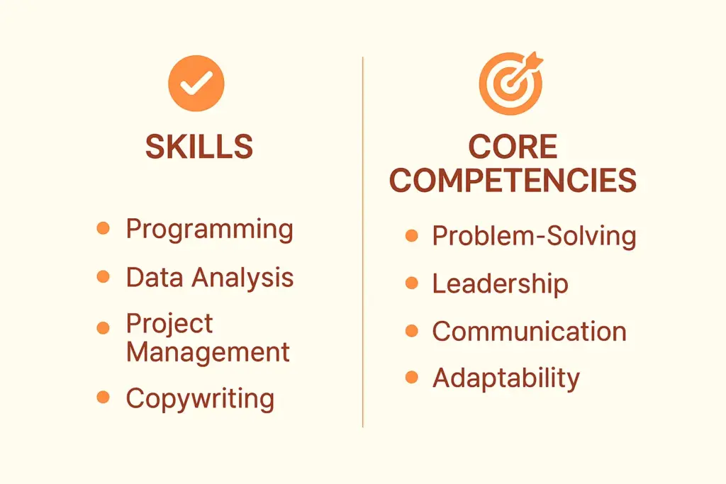 Comparison chart showing the difference between skills and core competencies on a resume, with examples for each category.