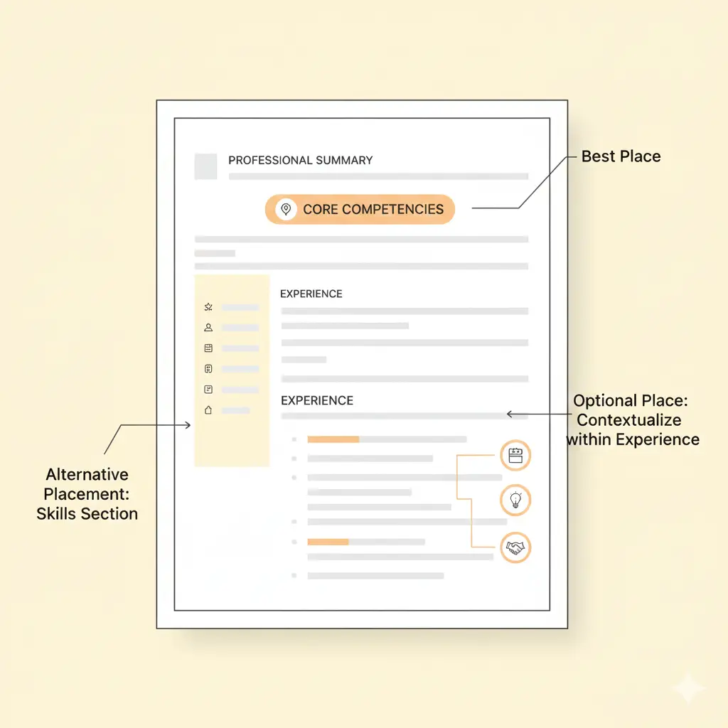 Resume layout diagram highlighting the best places to add core competencies, including the professional summary, skills section, and contextualized experience bullets.