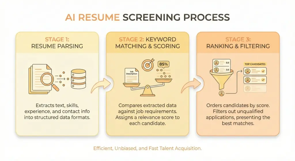 Visual breakdown of the AI resume screening process showing three stages: resume parsing, keyword matching and scoring, and candidate ranking and filtering.