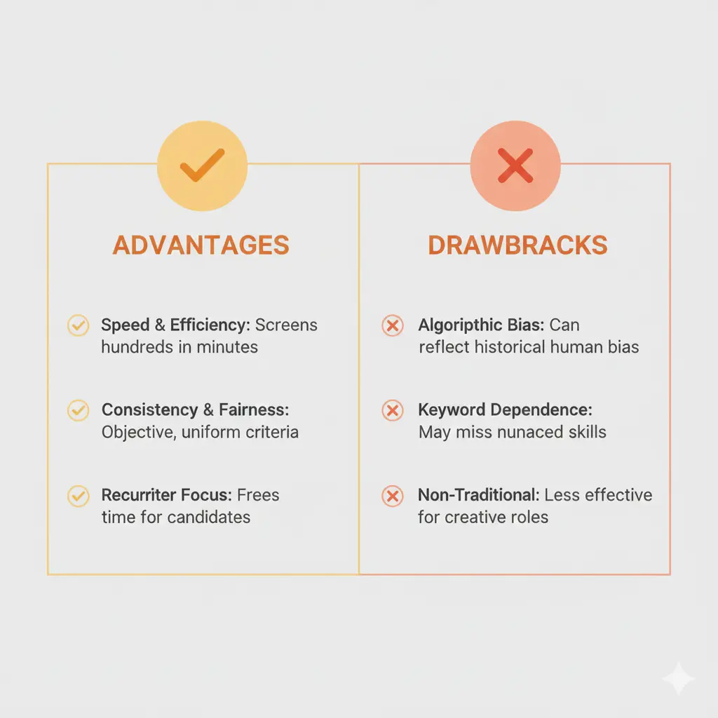 AI Resume Screening Pros and Cons Advantages vs Drawbacks Advantages and drawbacks of AI resume screening comparison chart showing benefits like speed, consistency, and recruiter efficiency versus limitations including algorithmic bias, keyword dependence, and ineffectiveness for creative roles