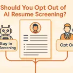 Illustration showing a resume with two options: stay in AI resume screening represented by a robot icon, or opt out represented by a human recruiter with a magnifying glass.