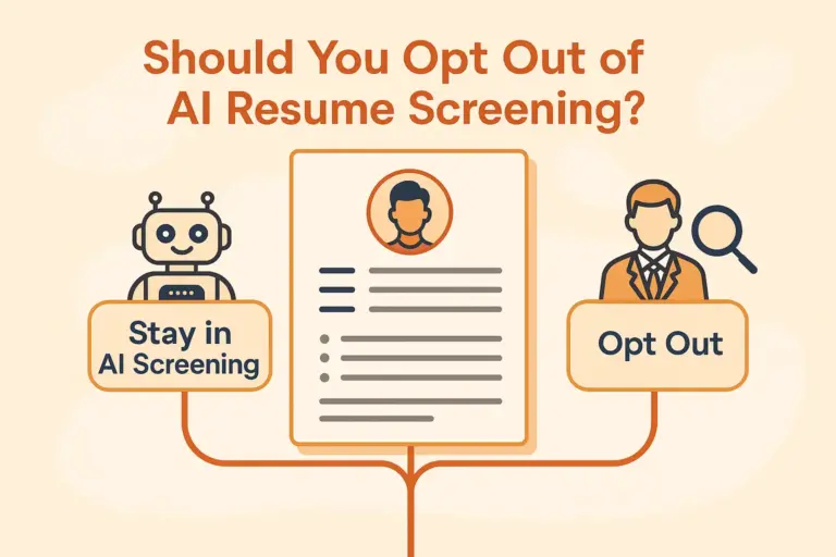 Illustration showing a resume with two options: stay in AI resume screening represented by a robot icon, or opt out represented by a human recruiter with a magnifying glass.