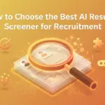 AI resume screener evaluation showing magnifying glass examining candidate resumes with icons for speed, accuracy, integration, ratings, and pricing to help recruiters choose the best recruitment software