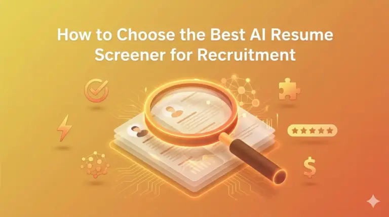 AI resume screener evaluation showing magnifying glass examining candidate resumes with icons for speed, accuracy, integration, ratings, and pricing to help recruiters choose the best recruitment software