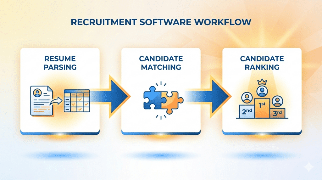 AI Resume Screening Workflow: Parsing, Matching, and Ranking Process Recruitment software workflow illustrating how AI processes resumes through parsing data extraction, matching candidates to job descriptions, and ranking applicants by relevance score