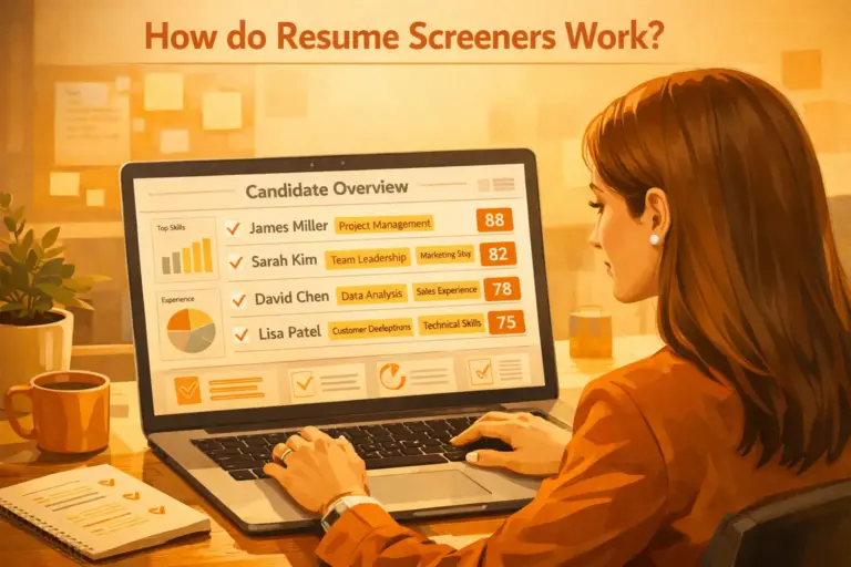 Recruiter reviewing candidates in an AI resume screener showing skills, experience, and match scores.