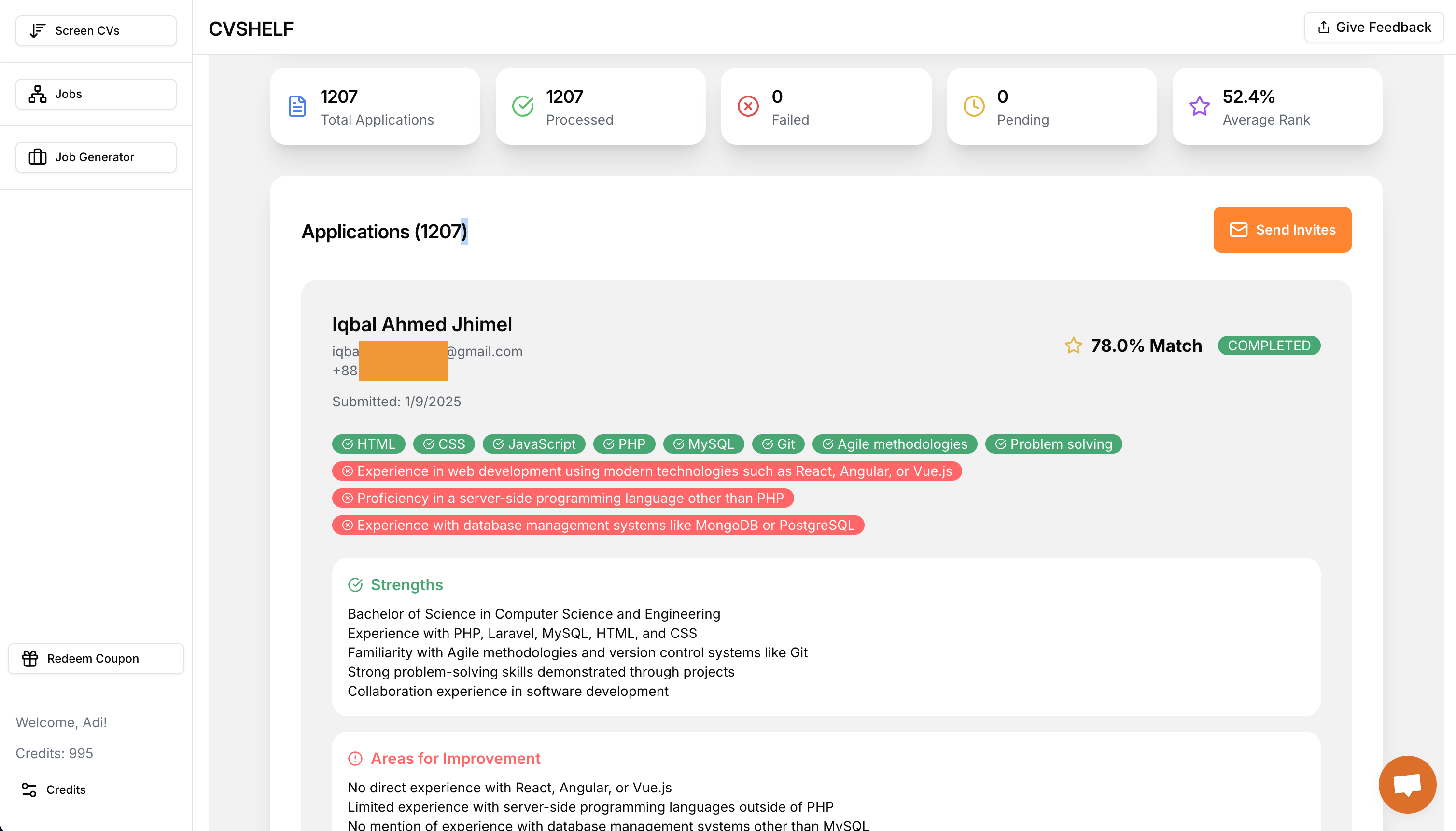 Applicant screening results dashboard