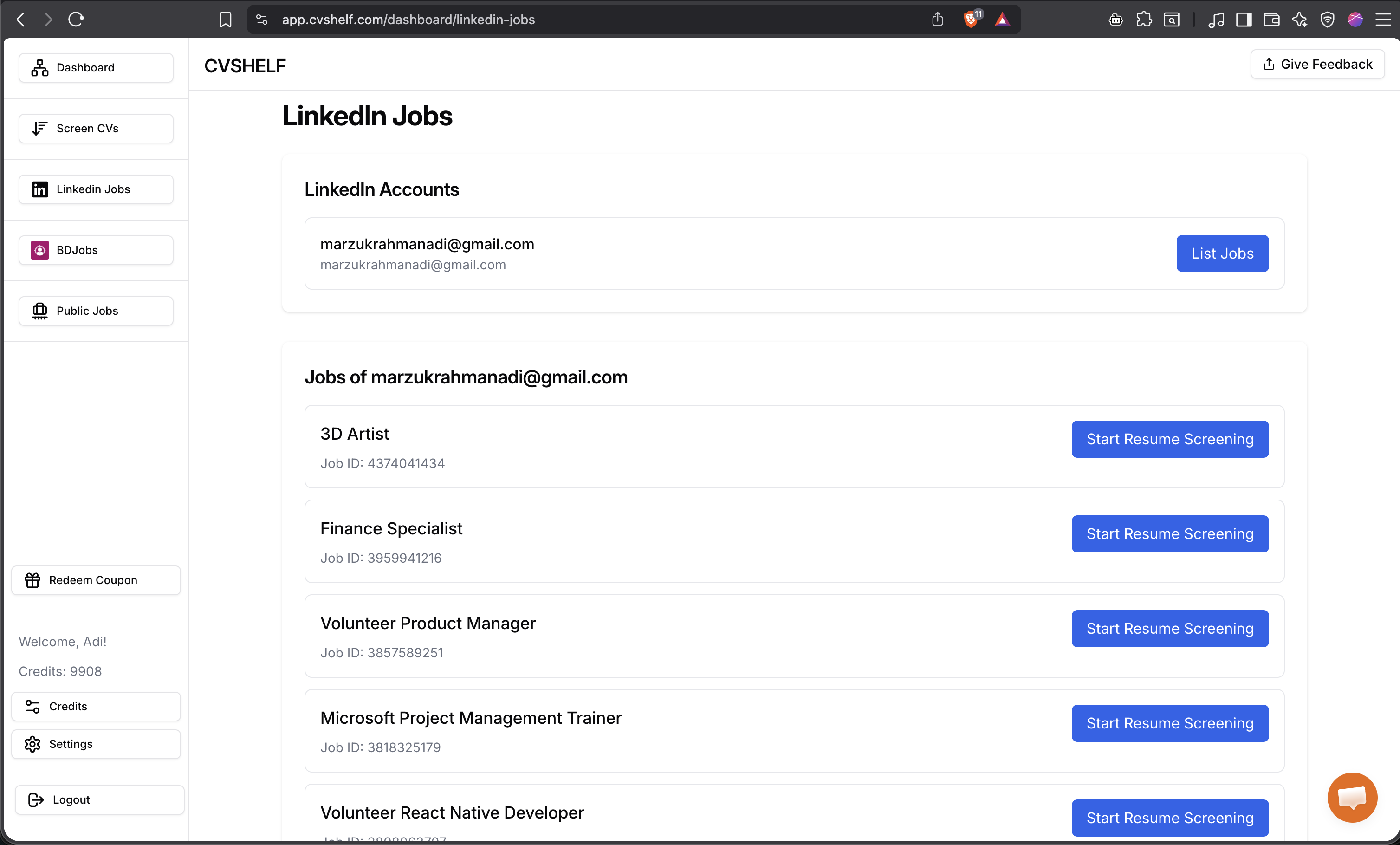 Choose LinkedIn job to screen