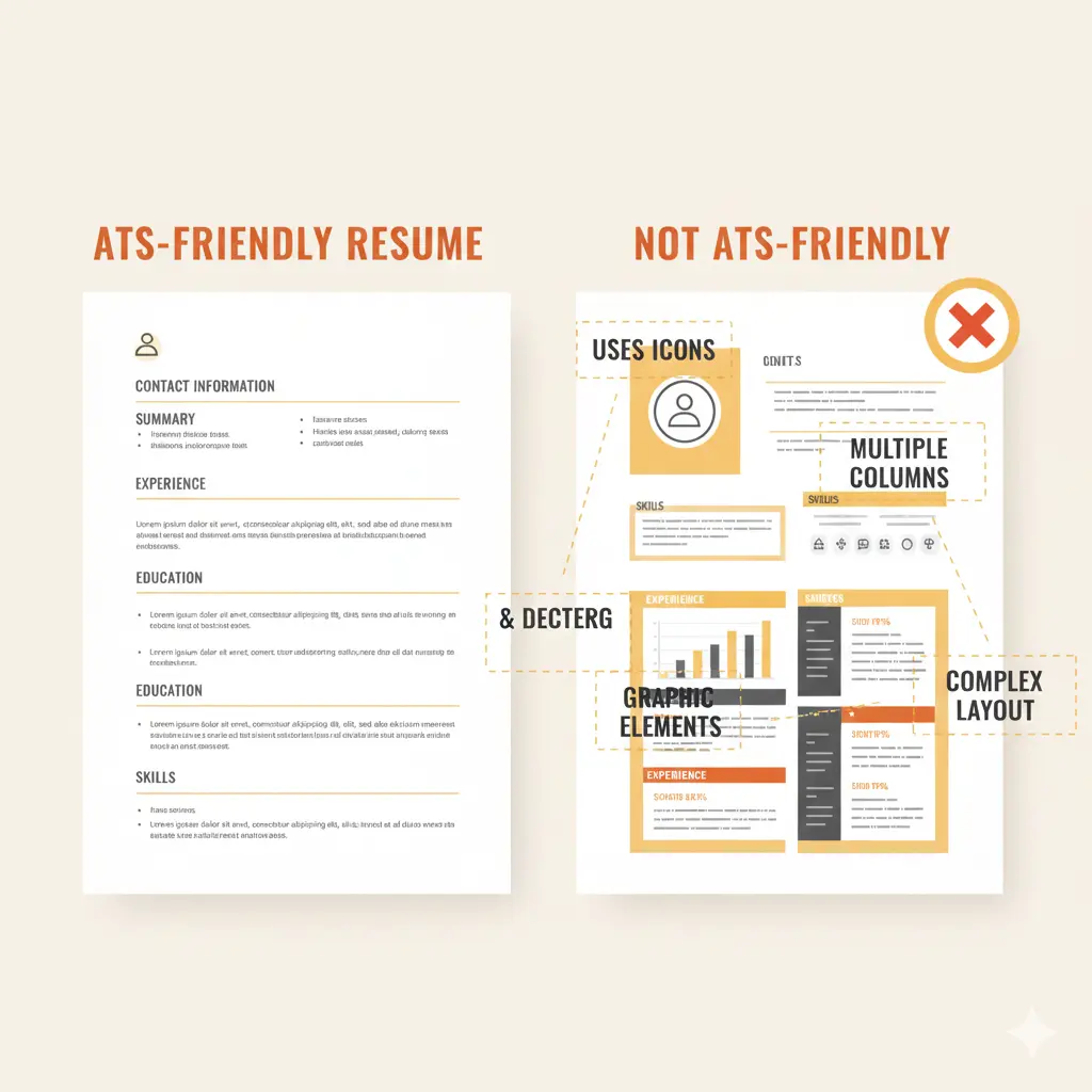 ATS-friendly resume comparison showing simple text-based format with clear sections versus non-ATS-friendly resume with icons, multiple columns, graphics, and complex layout that applicant tracking systems cannot read
