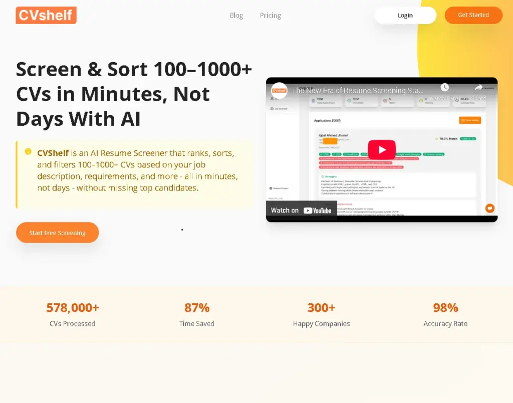 CVshelf AI resume screening software interface showing features to screen and sort 1000+ CVs in minutes with high accuracy metrics.