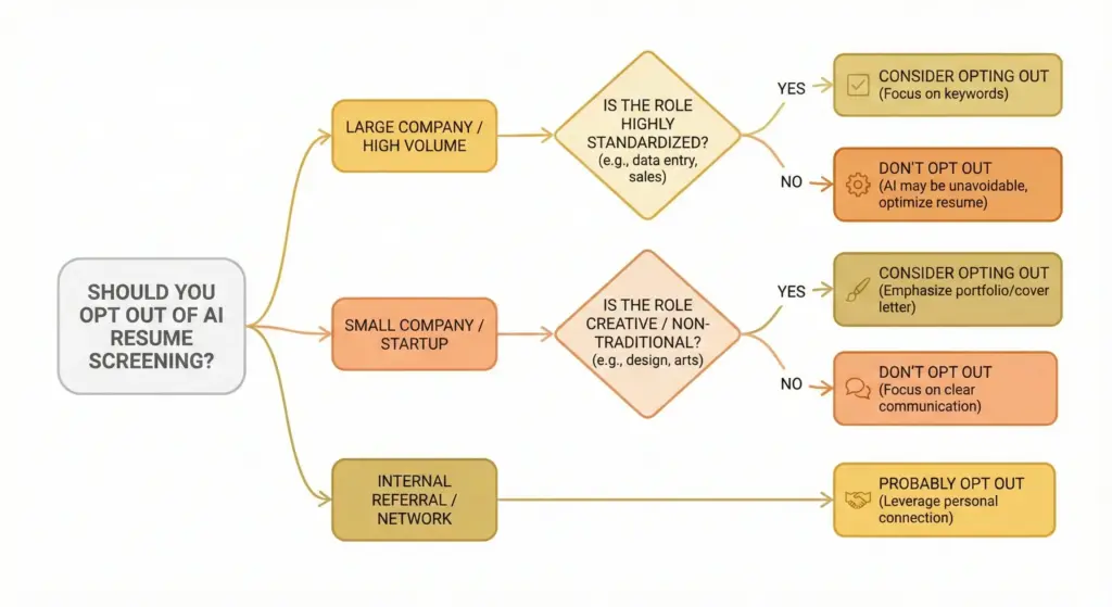 Decision flowchart showing when to opt out of AI resume screening based on company size and job type, with guidance for large companies, startups, creative roles, and referral applications