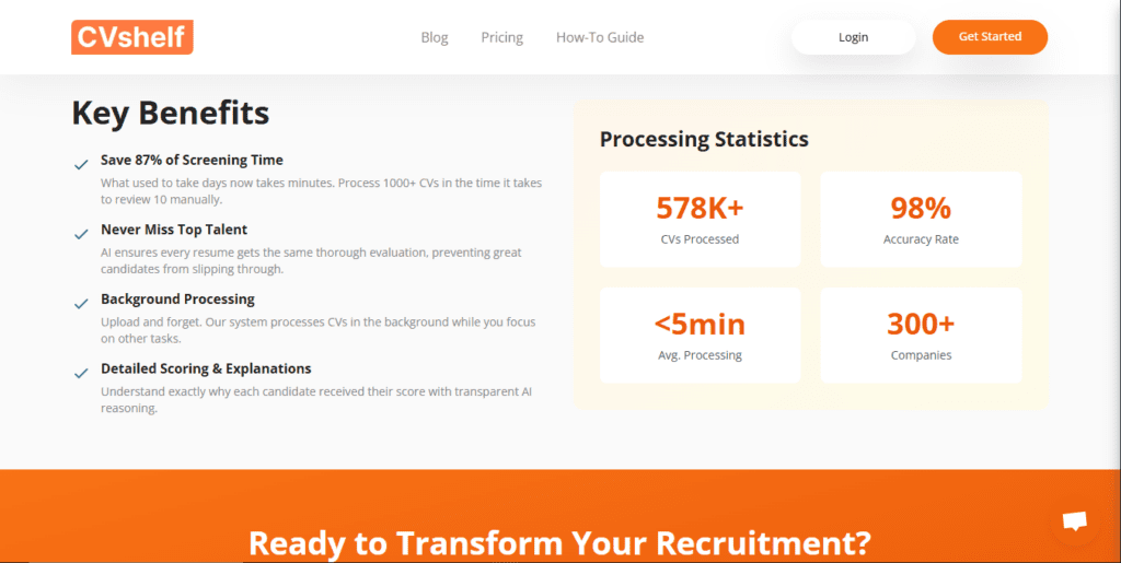 Key benefits and statistics of CVShelf resume screening software: saves 87% of screening time, processes 1000+ CVs in minutes, 98% accuracy rate, under 5 minute average processing time, 578,000+ CVs processed, used by 300+ companies with detailed scoring and background processing features