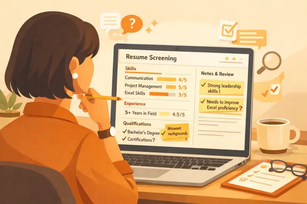 HR professional reviewing a resume screening dashboard with skills ratings, experience scores, and review notes highlighting hiring criteria and accountability