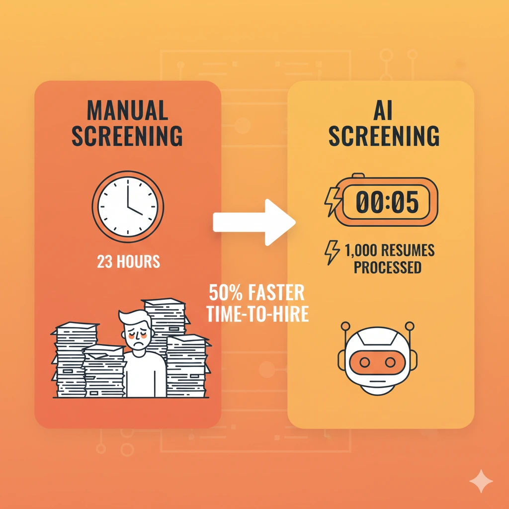 Before and after comparison of recruitment efficiency: manual screening shows overwhelmed recruiter with paper stacks taking 23 hours, AI screening shows 5-minute processing time for 1,000 resumes with 50% reduction in time-to-hire